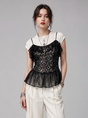 Vintage Cami Black Sheer Lace Dark Romantic Whimsigoth Coquette Top JC Penney